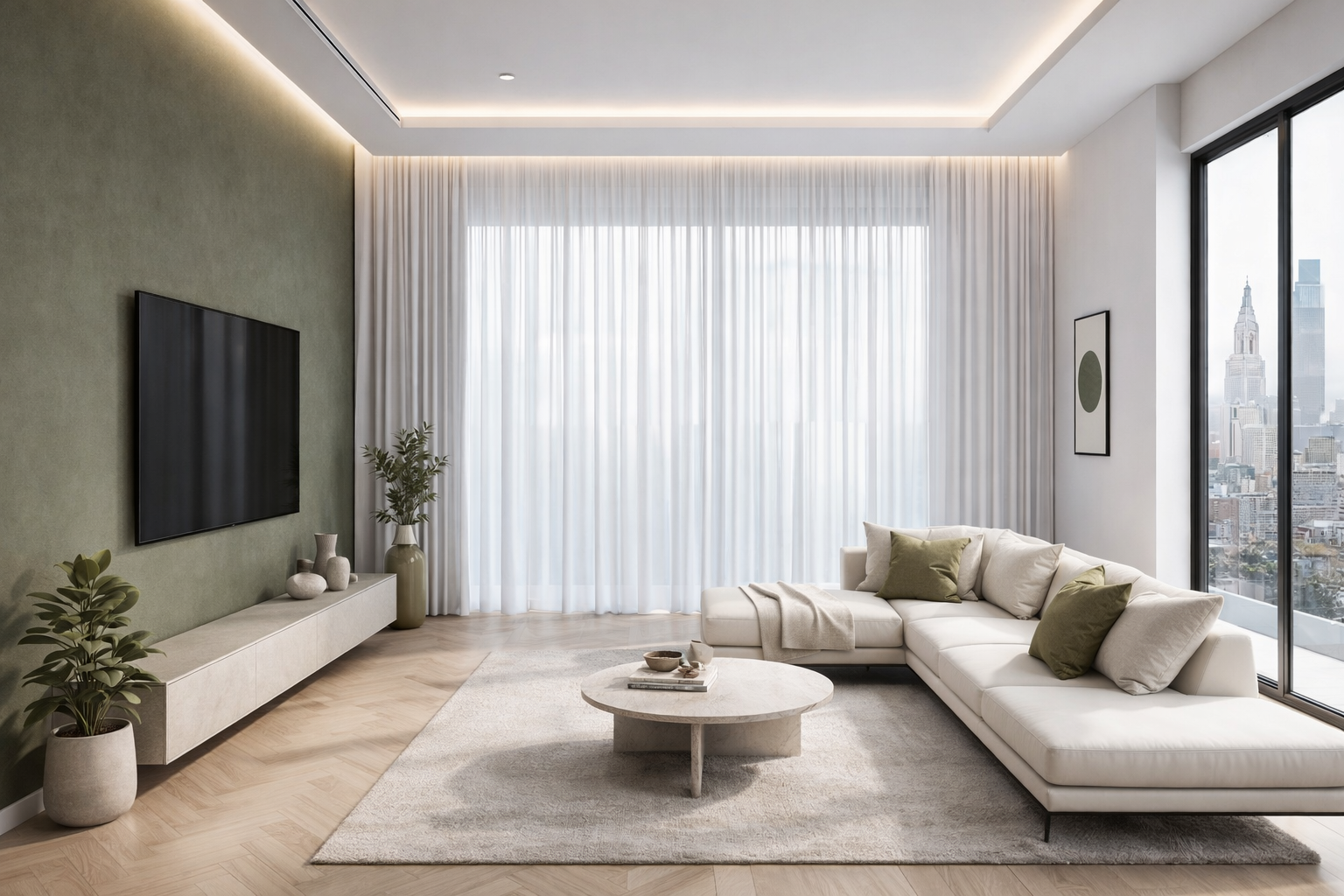 After — Sage green palette living room